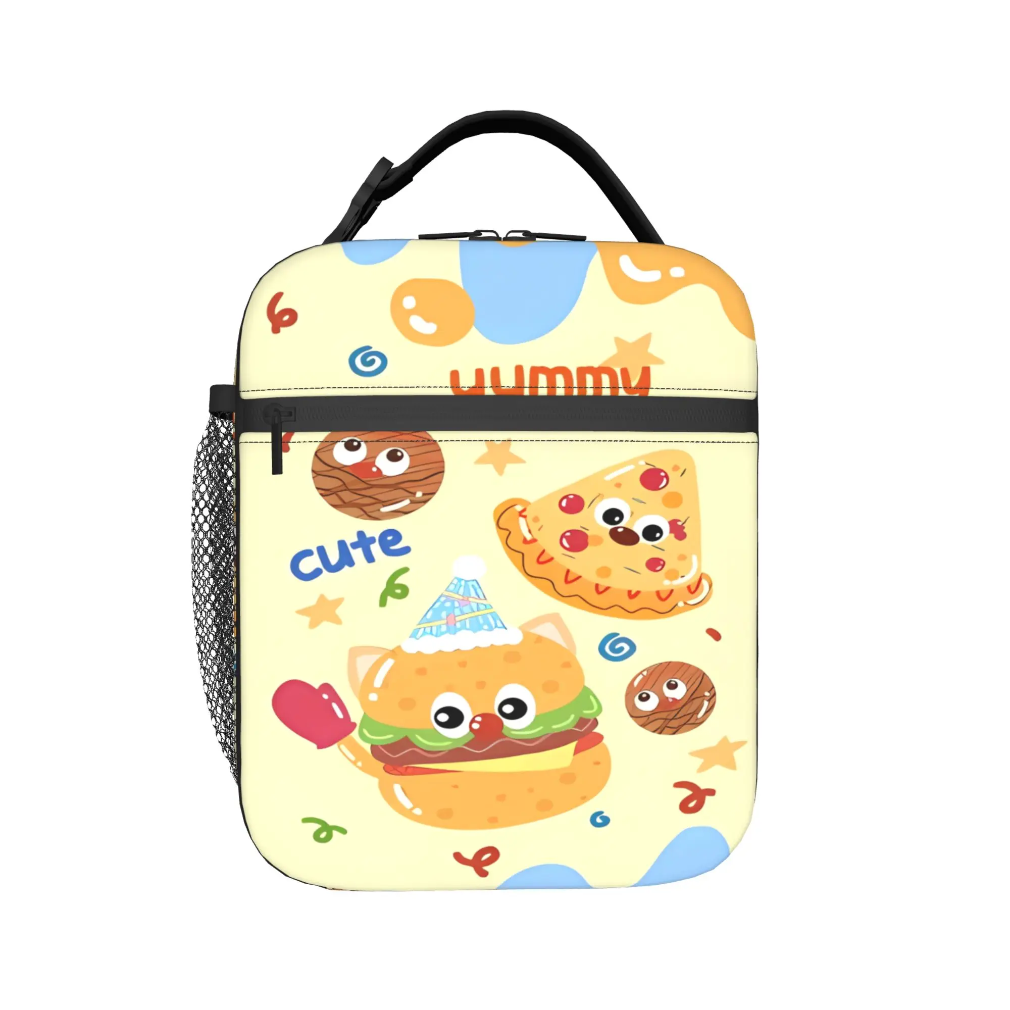 Yummy Burger And Pizza Party Pattern Lunch Bag Fun Picnic Lunch Box Custom Portable Cooler Bag