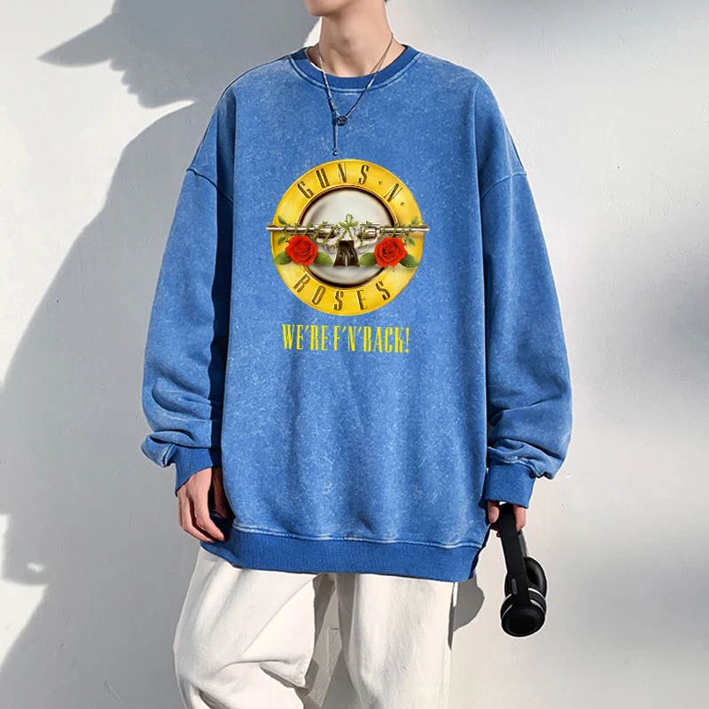 Oversized Men Washed Hoodie We'Re Back Metal Rock Style Printing Sweatshirt Autumn Street Cotton Pullover Vintage Couple Clothes