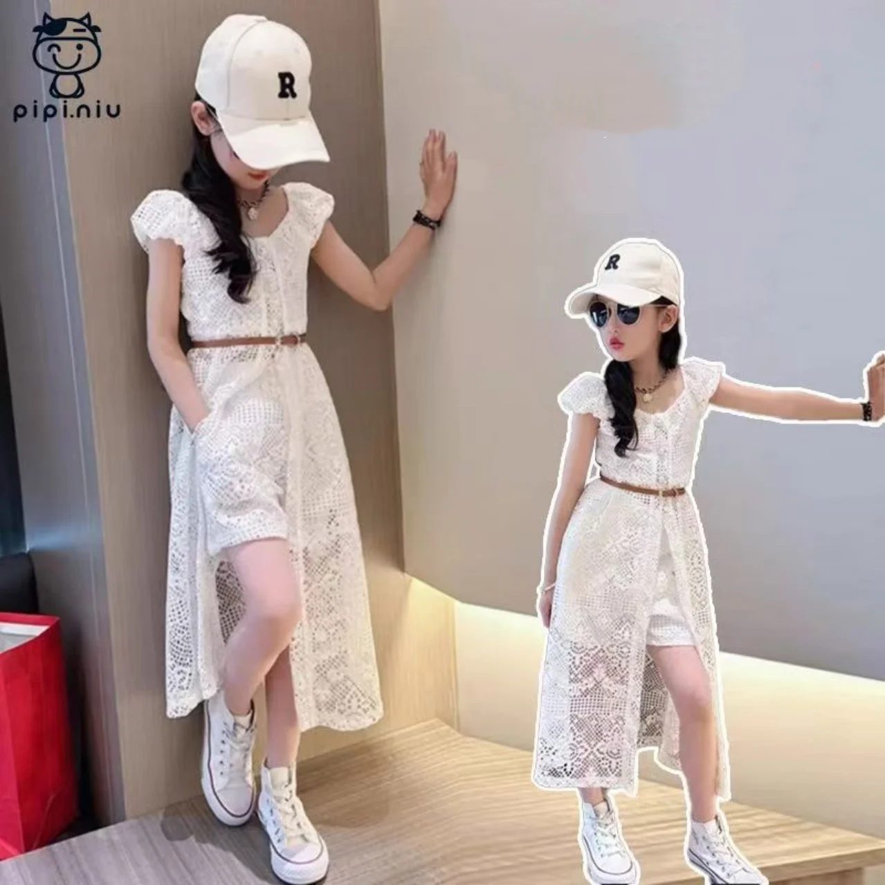 

Girls' Three Piece Set 2026 Summer Hollow Cardigan Shawl Shorts Waist Cinched White Casual Set Lace