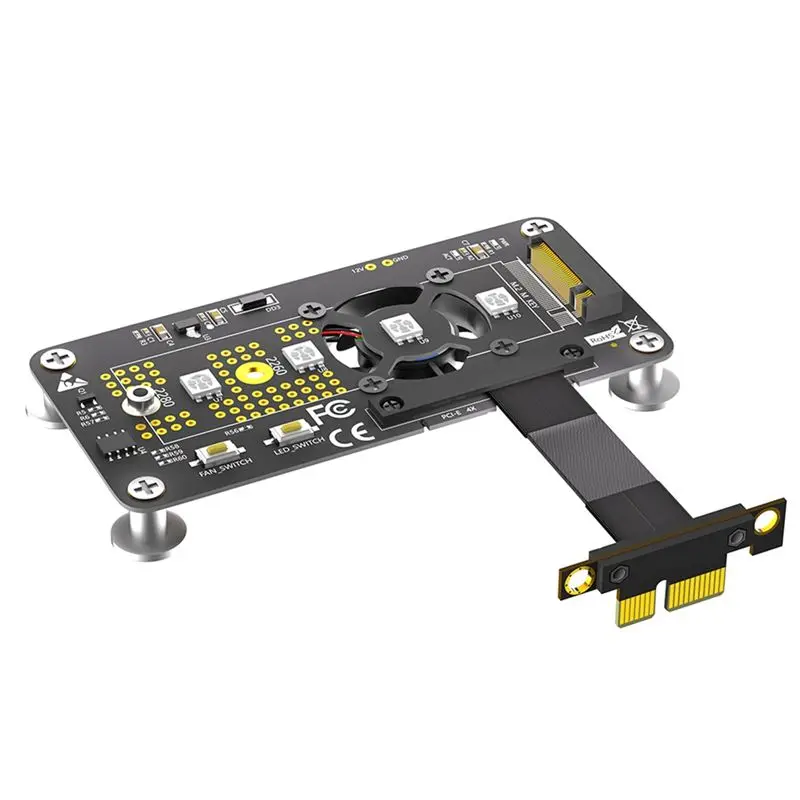 QWE-3 In 1 M.2( NGFF) NVME M-Key SSD To PCIE 1X Extension Cable With Cooling Fan And Automatic Discoloration LED