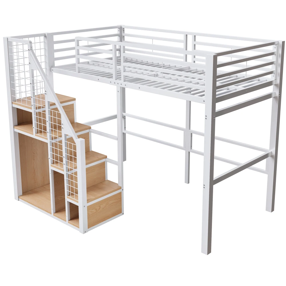 90*200cm & 140*200cm hoog bed met veiligheidsladder, modern kinderbed met ijzeren frame en opbergruimte, jeugdbed, voor slaapkamer