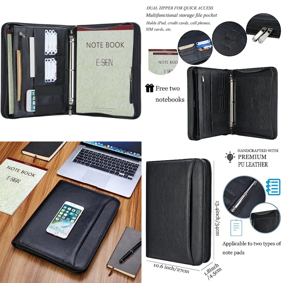 

Zippered Padfolio Binder, Faux Leather Organizer with 3-Ring Binder, Left-Handed Design, Business Card Slots and Document Folde