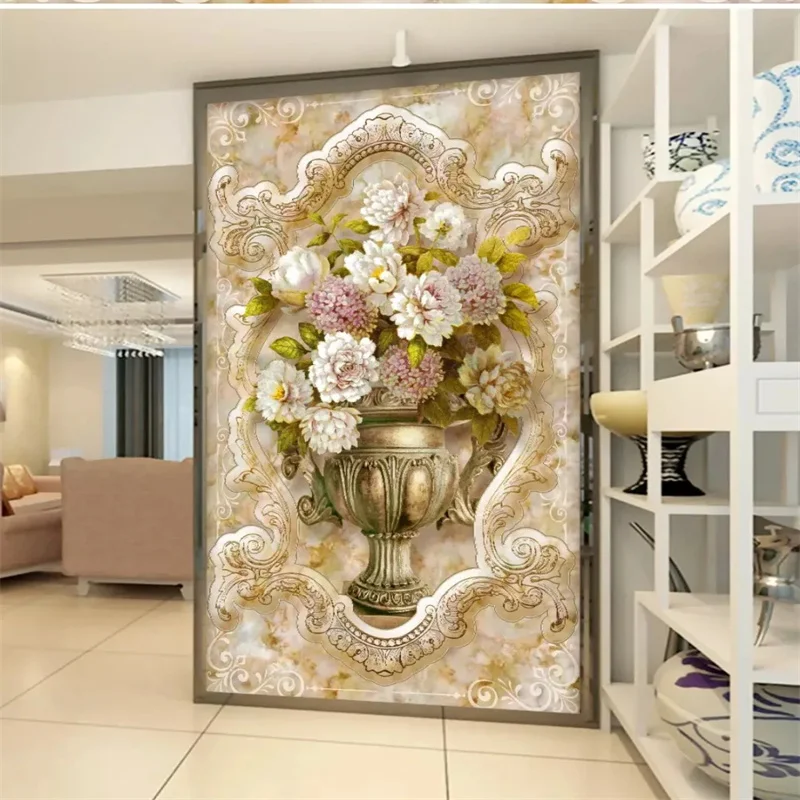 

Custom mural 3d photo wallpaper European pattern marble oil painting vase обои embossed home decor entrance 8d papel de parede