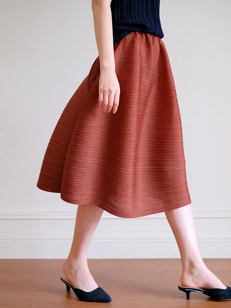 YUDX Miyake Pleated Skirt Women A-Line Swing Flared Horizontal Pleats 2026 Spring Summer Rust Elegant Classy Must-Have Look Fit