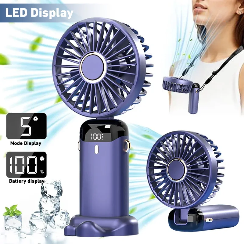 USB Handheld Mini Fan Cooler Foldable Portable Neck Hand Fans 5 Speed USB Rechargeable Fan with Phone Stand and Display Screen