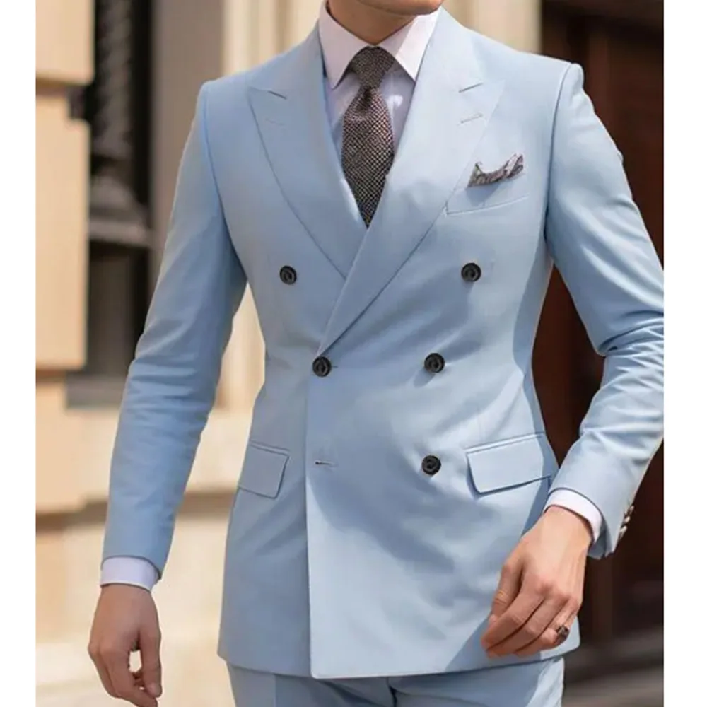 Elegant Light Blue Men's Suits Peak Lapel Single Breasted (Blazer+Pants) Tuxedo Business Gentleman Formal Causal Office Banquet