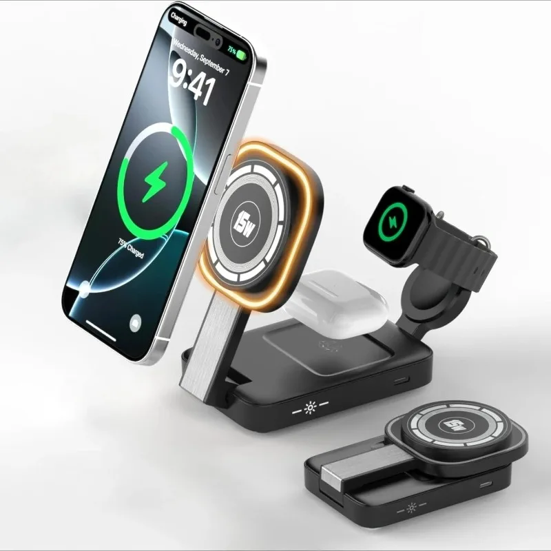 

Многофункциональная складная магнитная беспроводная зарядная станция 3-в-1 для быстрой зарядки: подставка для Magsafe iPhone 17, 16, 15, 14, 13, 12, iWatch 9, 8, Airpods