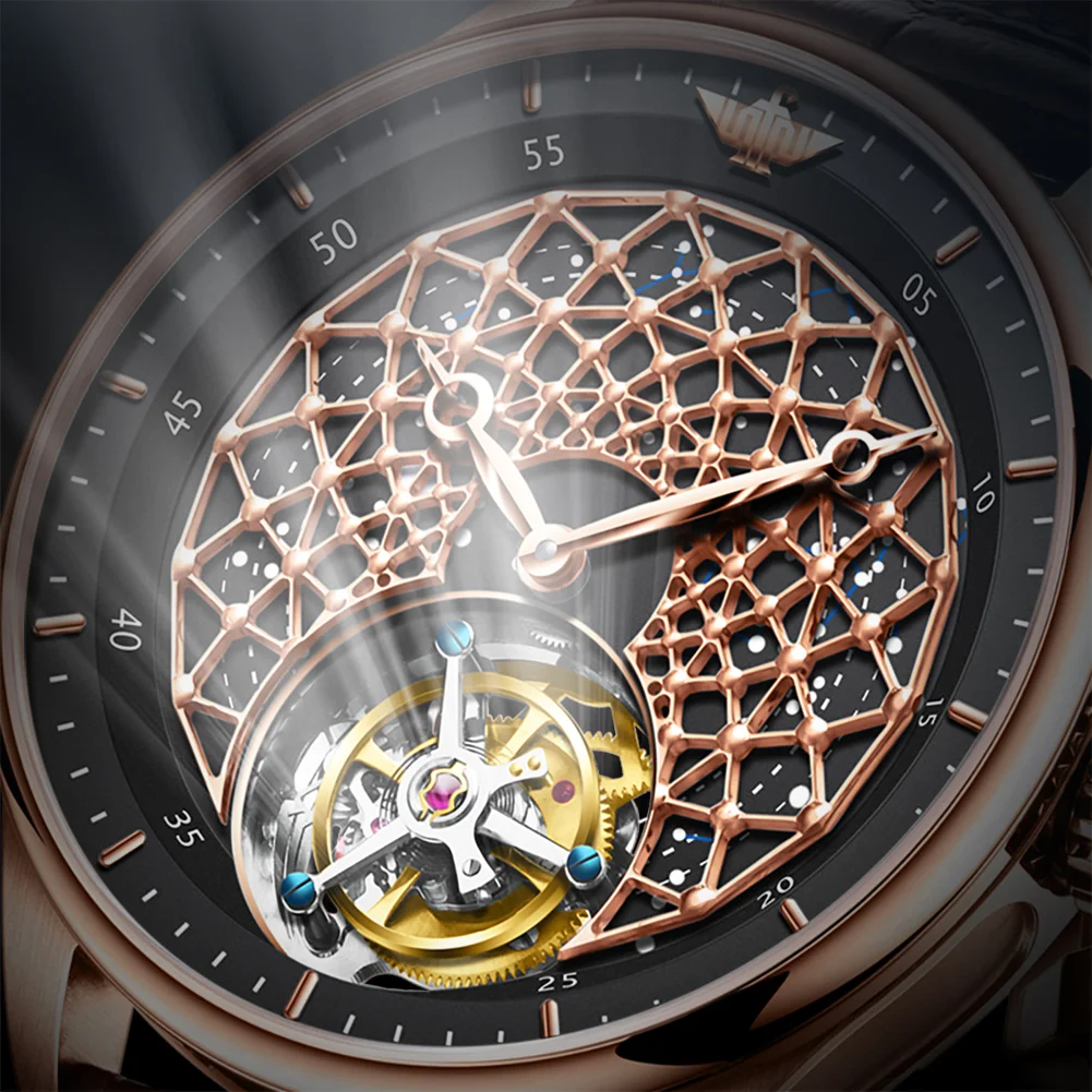 OUPINKE 8002 High-end Tourbillon Skeleton Automatic Watches for Men Top Luxury Brand Geunine Leather Strap Mechanical Man Watch