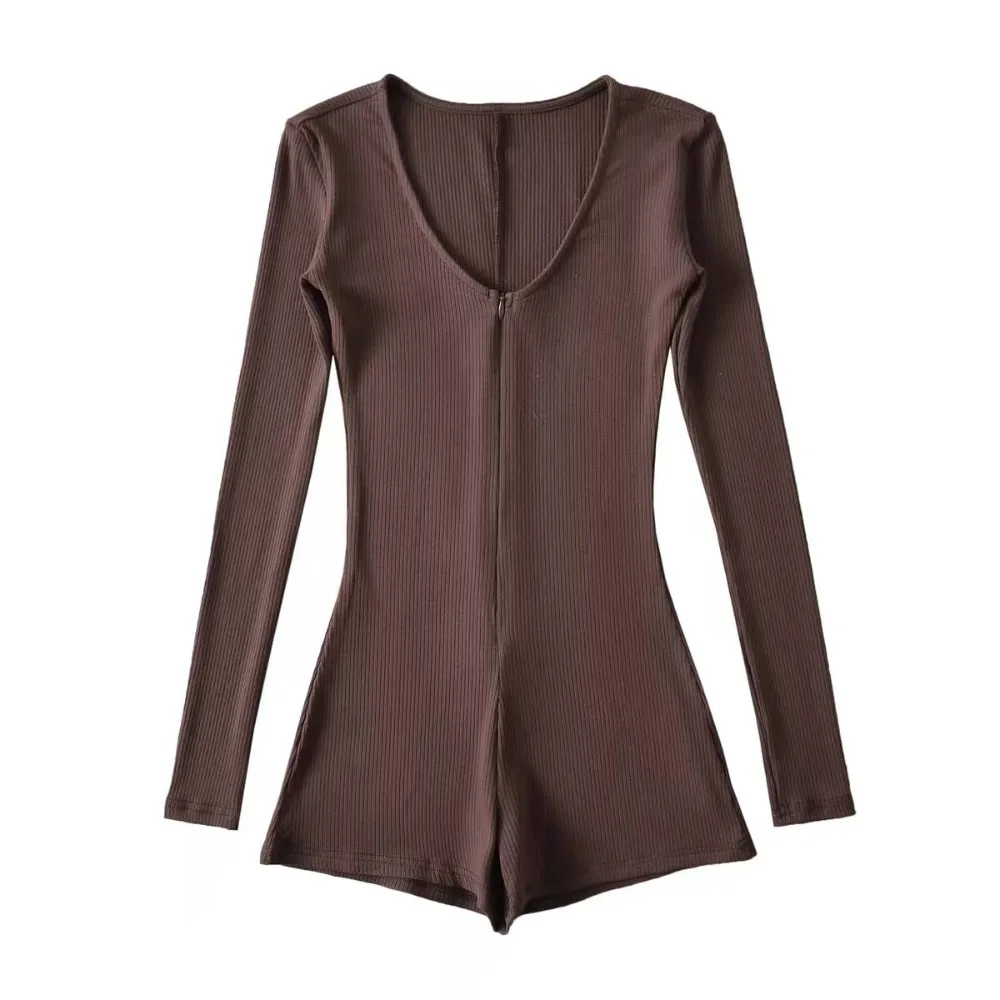 

Fashion Bodycon Y2K Slim Bodysuit V-Neck Zipper Long Sleeved Jumpsuit Yoga Clothes Seamless Jumpsuit Shorts Women Club