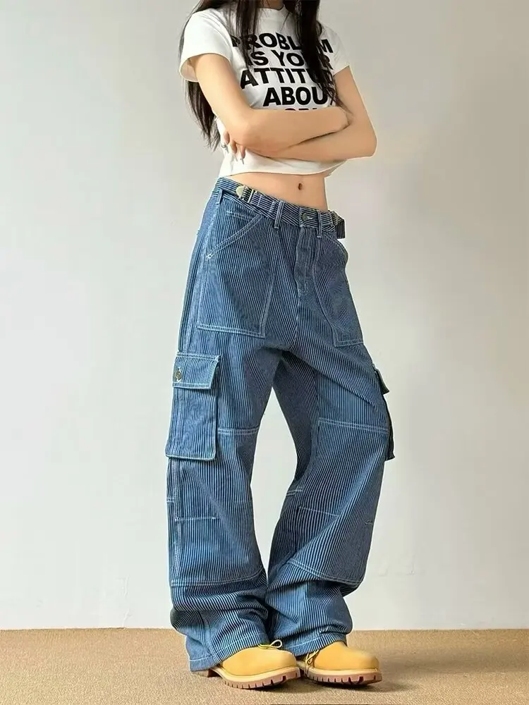 Striped Multi-pocket Cargo Pants for Women American Retro High Waist Jeans Baggy Jeans Women Harajuku Hip Hop Hot Girl Y2k Pants