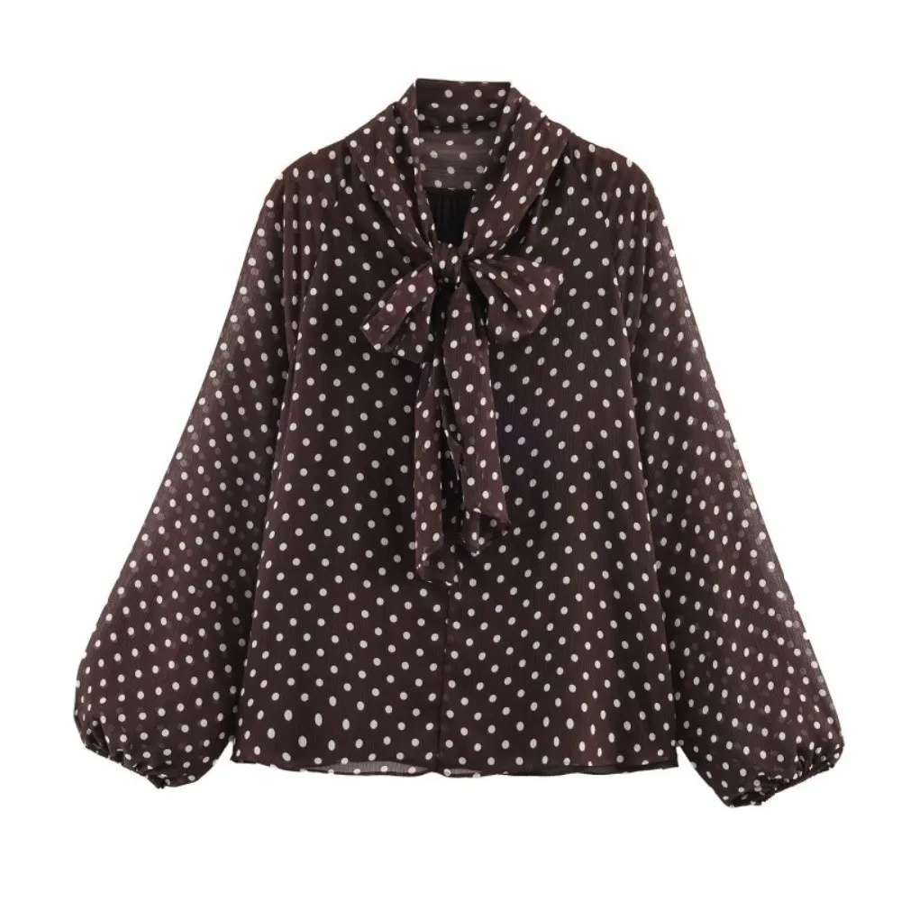 

Simple Lantern Sleeve Polka Dot Shirt Loose Fit Pleated Lace Up Blouse Comfortable Long Sleeve Chiffon Blouses Commute Outing