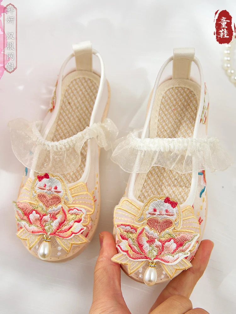 Han حذاء زي صيني للأطفال ، طراز قديم ، عتيق للبنات ، مطرز ، صيفي