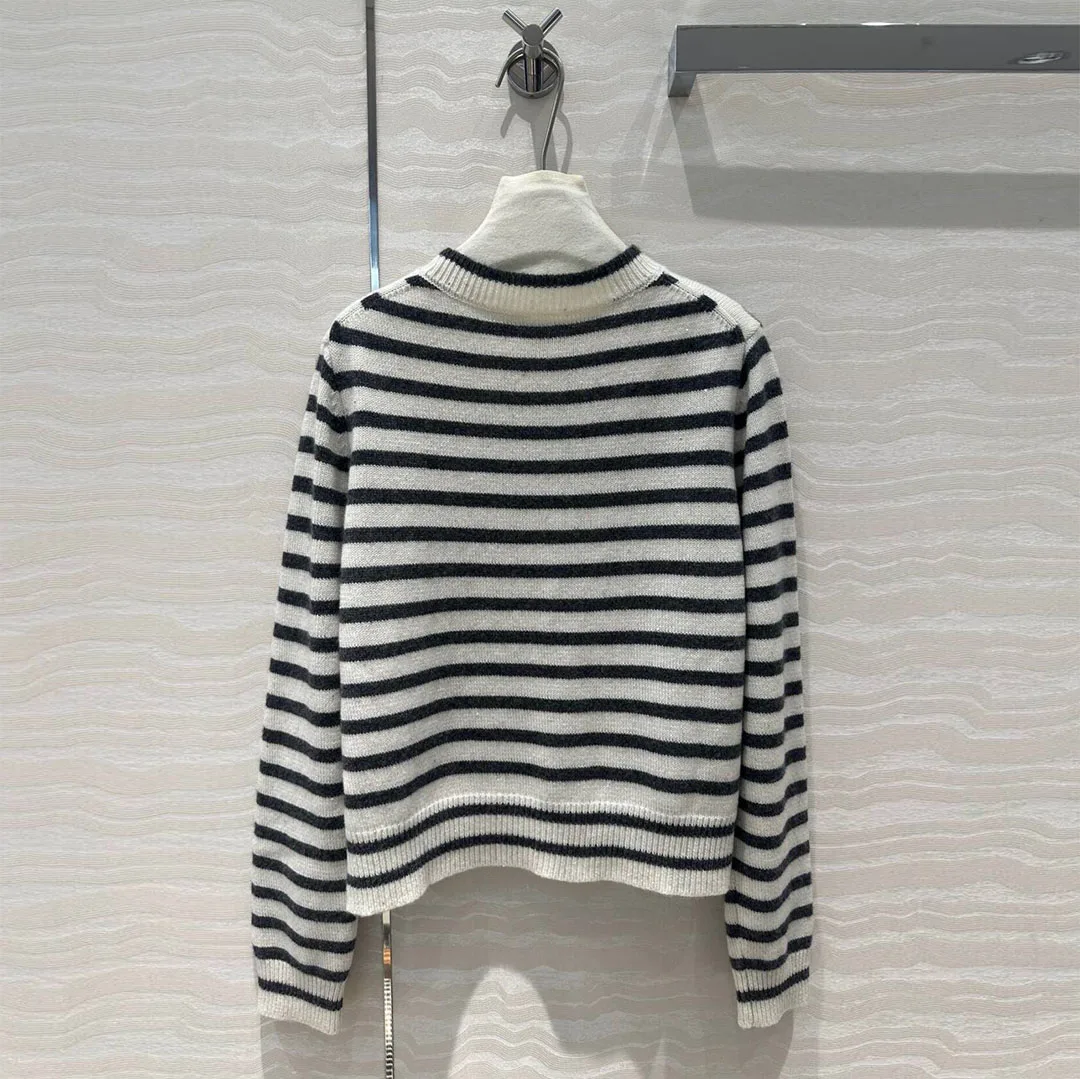 2024 New Autumn Fashion Luxury 100% Cashmere Knitted Pullover Women O-neck Long Sleeve Contrast Stripe Casual Loose Soft Sweater