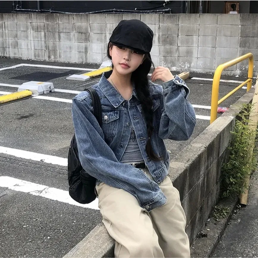 Washed Short Denim Jacket Women Early Autumn Turn-down Collar Single Button Loose Shoulder Casual Retro Jacket