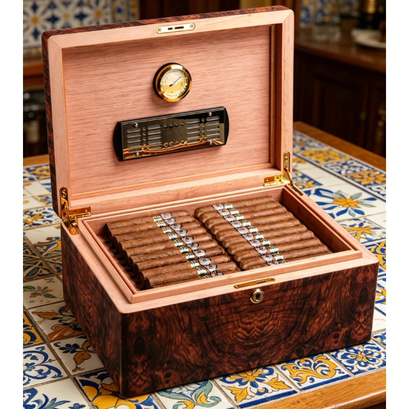 Double Layer Humidor Wooden Cigar Box with Hygrometer & Thermometer Holds 50 Cigars Portable Travel Storage Case
