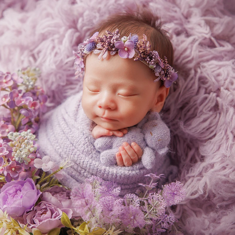 Acessórios para fotografia de recém-nascidos, chapéu de malha para foto de bebê, envoltório de lã, fundo de tiro de bebê, tema roxo, adereços de flores artificiais