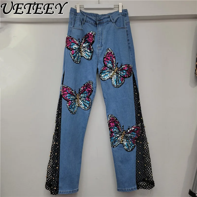 

2025 Autumn New European Heavy Beaded Butterfly Sequined Patchwork Fishnet Hollow Out Jeans Women's Fashion Denim Straight Pants