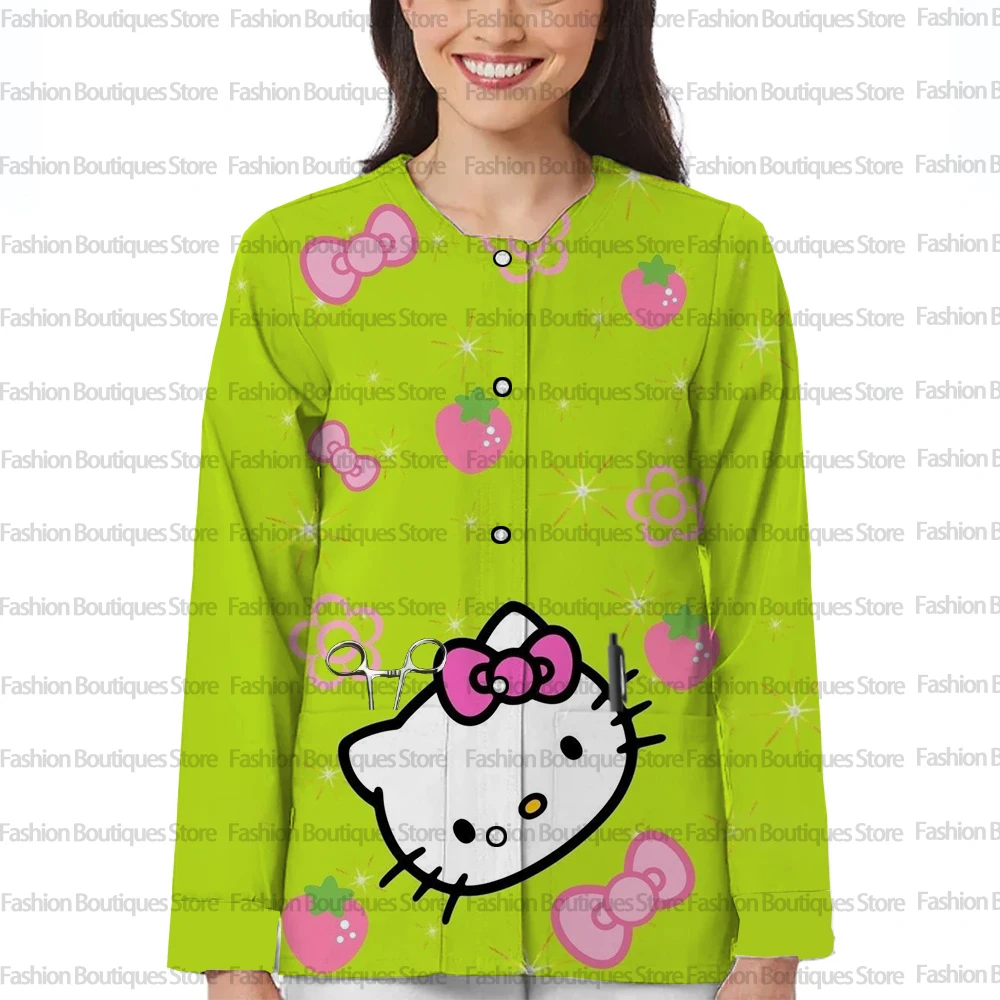 Damska kurtka robocza z długim rękawem i kieszeniami na wiosnę i jesień z motywem Hello Kitty, jednorzędowa, ochronna odzież robocza.