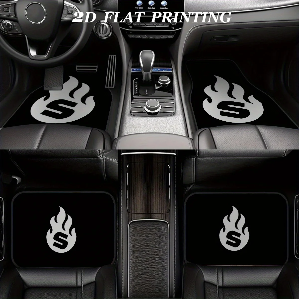 4pcs, Non-Slip Polyester Car Floor Mats With Black Background White Flame S Letter Logo Pattern - Printed Designs, Anti Slide Au