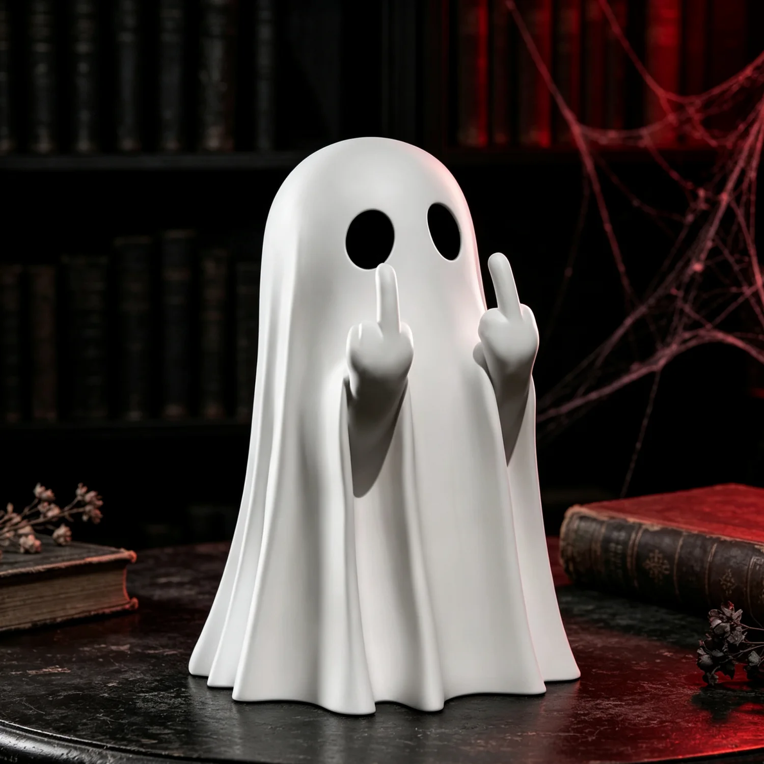 Halloween Funny Ghost Tabletop Figurine Cute Middle Finger Spooky Statue Desktop Ornament for Home Shelf Mantel Party Decor Gift