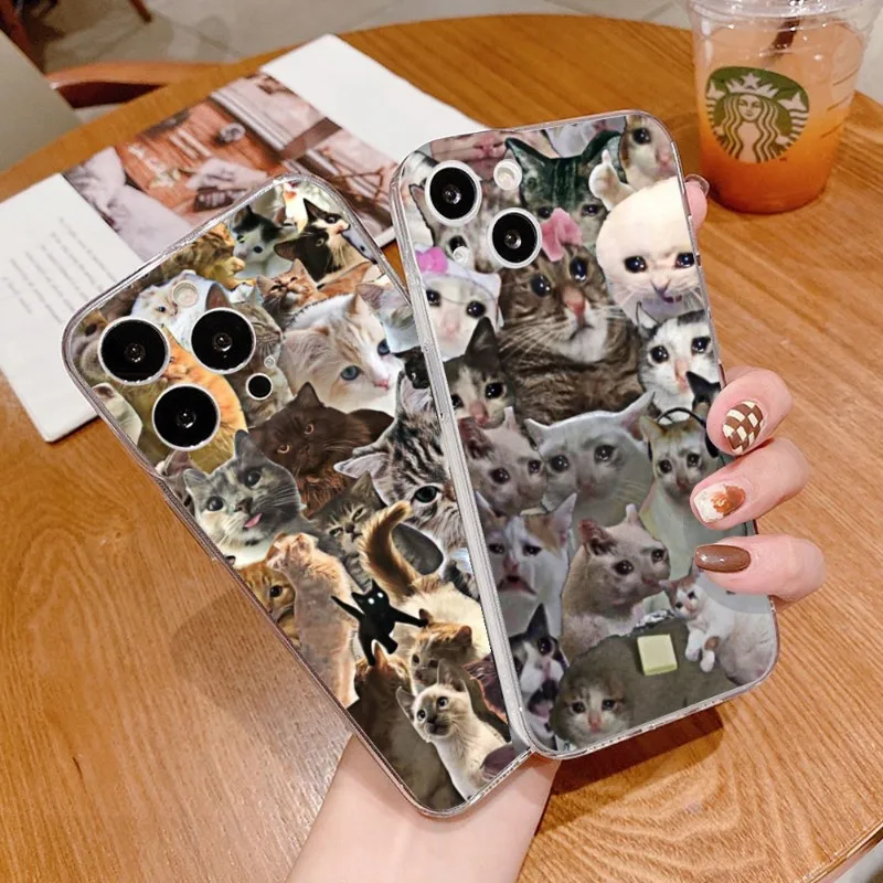 Crying Cat Memes Funny Phone Case FOR IPhone 14 13 12 11 Pro Plus X 13 Pro MAX XR XS MINI Transparent Covers