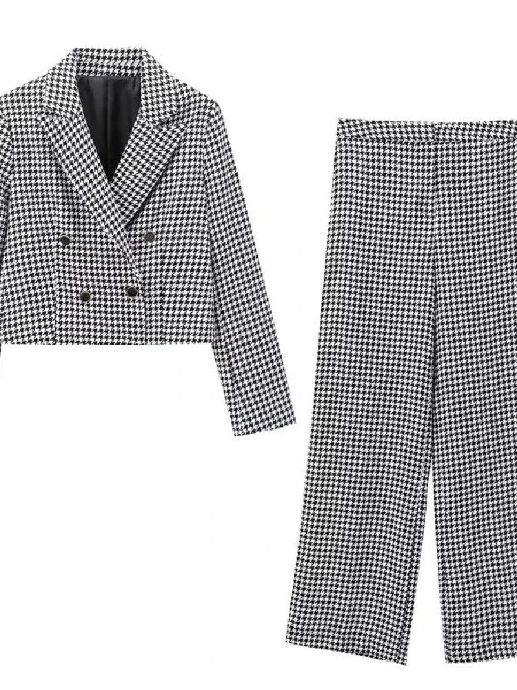 Ensemble de costume décontracté taille haute pour femmes, classique à carreaux ort Jaet et pantalon à jambes larges, tenue longue Sve Faion, ensemble deux pièces