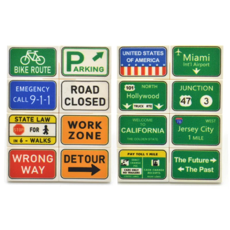 Assortment of Traffic Sign Set Printed Brick Tiles Customerized MOC Building Blocks Toys