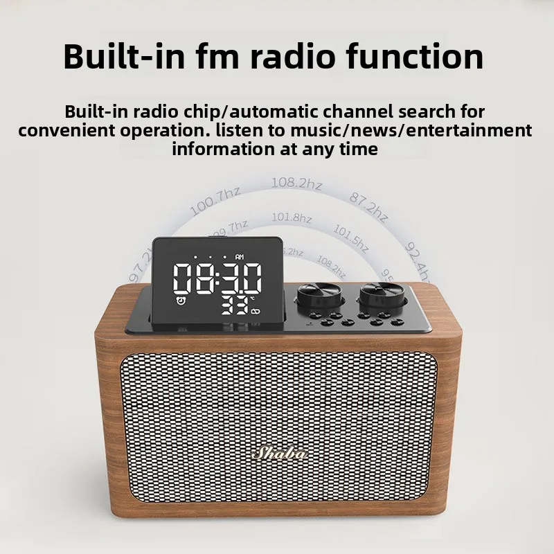 

Vintage Bluetooth speaker with built-in FM radio, alarm clock, time and temperature display home and portable Bluetooth audio