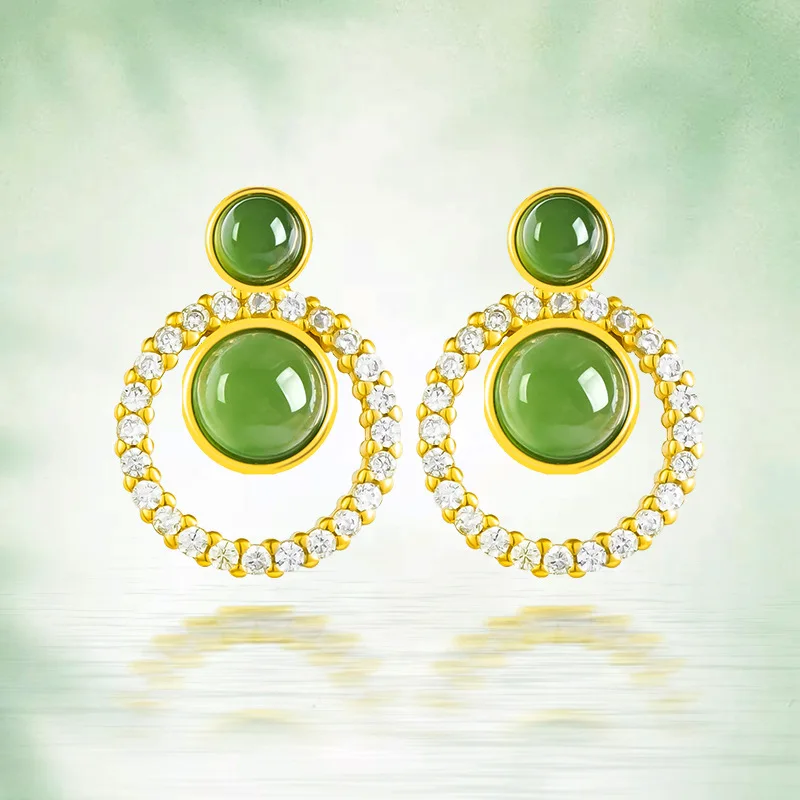 

Natural S925 silver inlaid jade stud earrings for women, with a simple and elegant jade style
