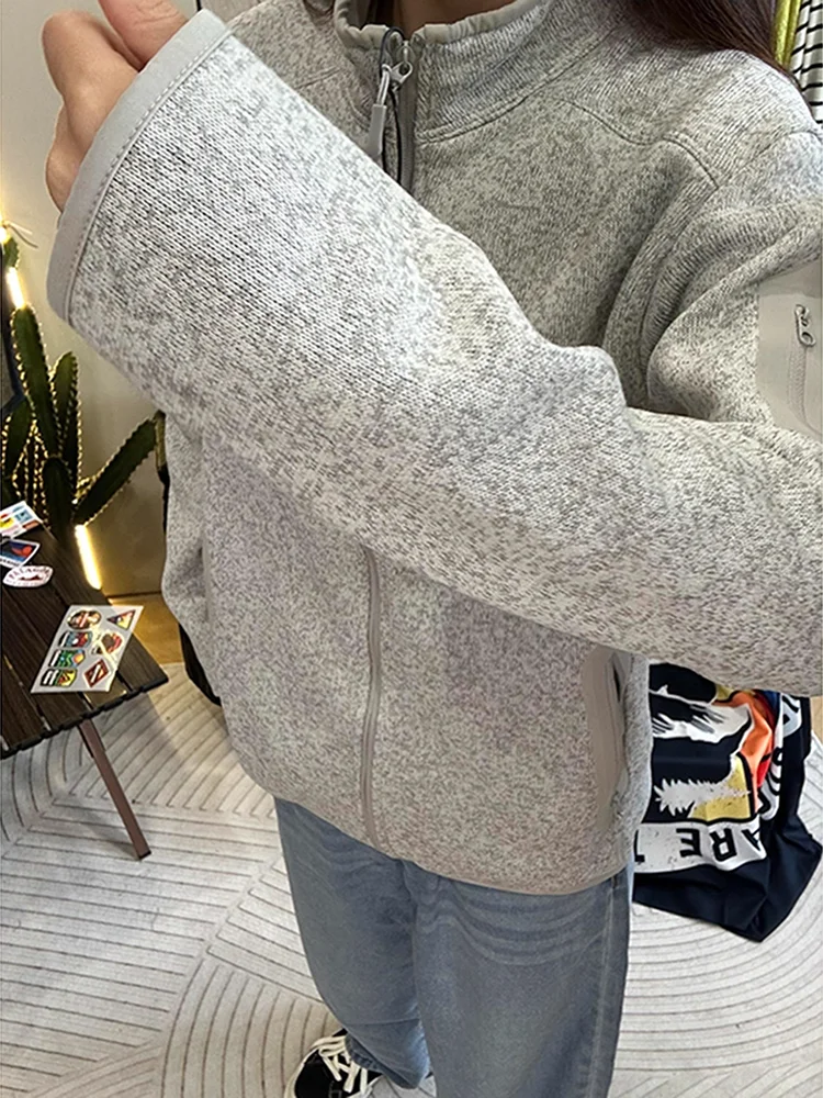 Women's Zipper Stand Collar Cardigan Sweater Cycling Hiking Outdoor Couple Jaets Loose Fit Long Sve  Color