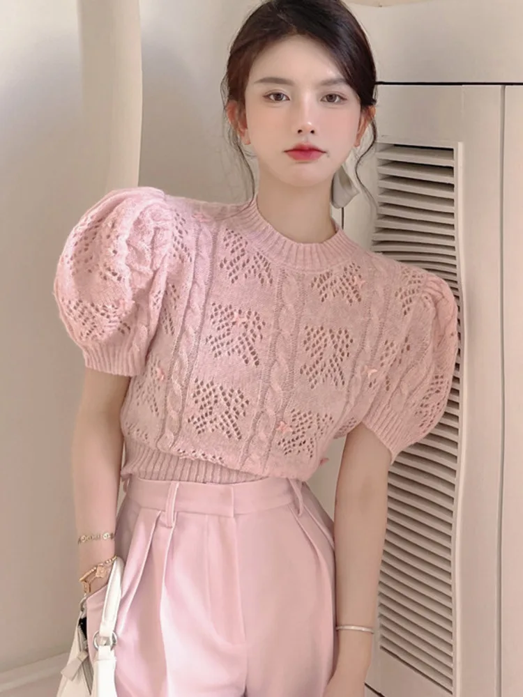 Summer Korean Sweet Knitted Sweater Women Fashion Elegant Hollow Out Pullovers Thin Knitwear Top Girls Jumpers Pull Femme