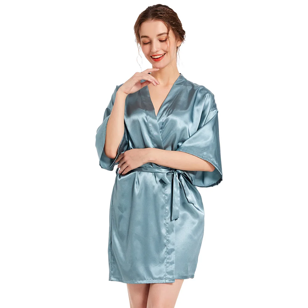 

Women's Sexy Twisted Colored Ding Nightgown Bathrobe Solid Color Smooth Summer Thin Short Cardigan Robe Nightgown