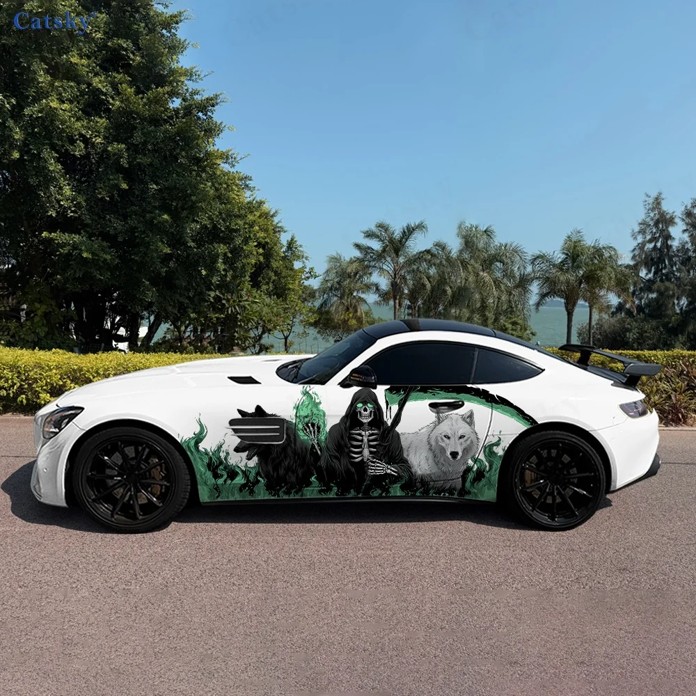2pcs Death Skull Wolf Flame Car Vinyl Wraps Self-adhesive PVC Sticker Suitable for Trucks SUV Decoration Auto Accessories Gift