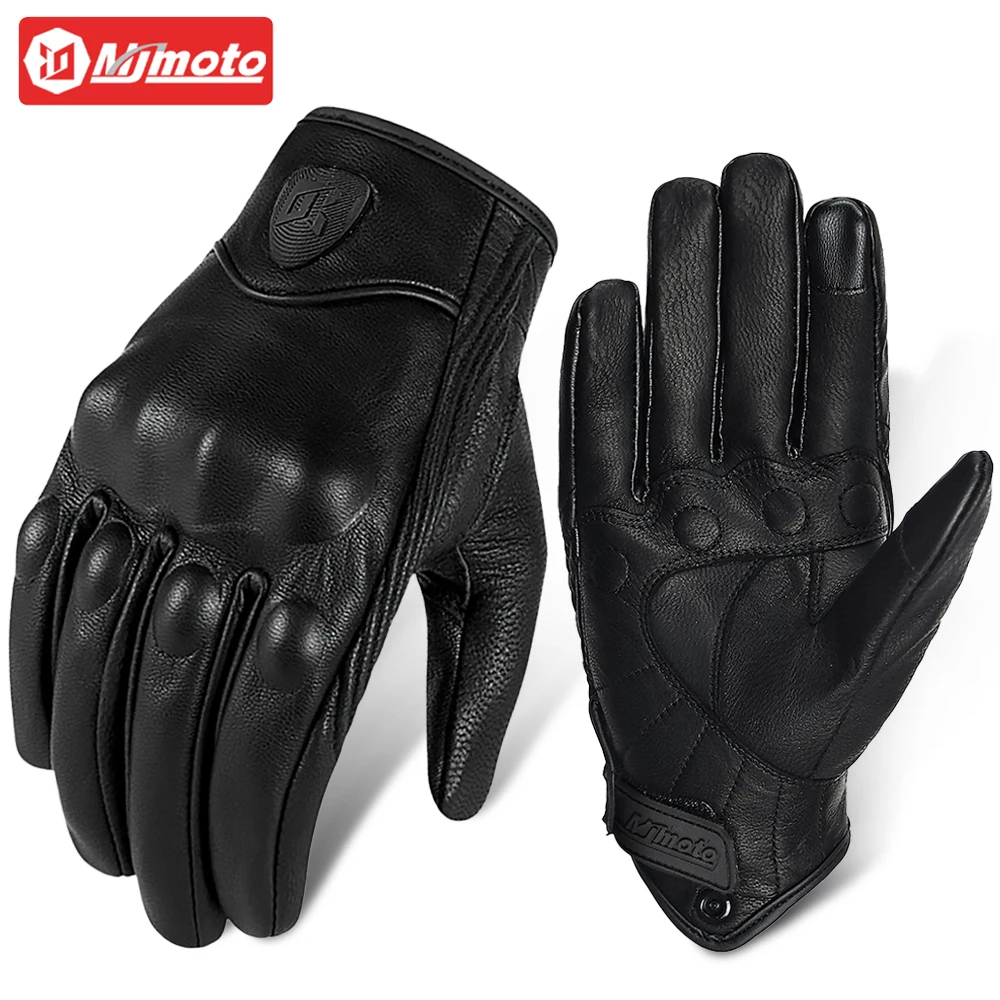 

MJMOTO Retro Motorcycle Leather Gloves PVC Hard Shell Protective Gloves Men Motocross Motorbike Glove Racing Riding Gloves Black