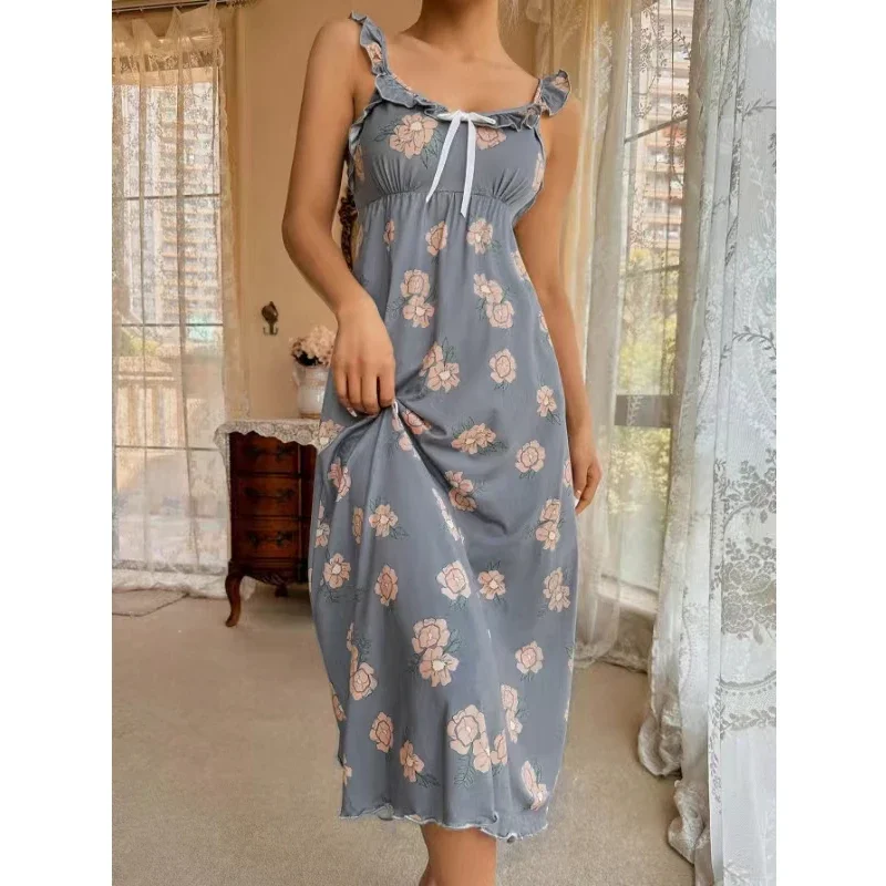 Summer Milk Silk Elegant Women Nightdress Sleeveless Slip Dress for Girl Chic Floral Grey Sexy Nightgown Casual Gowns for Lady