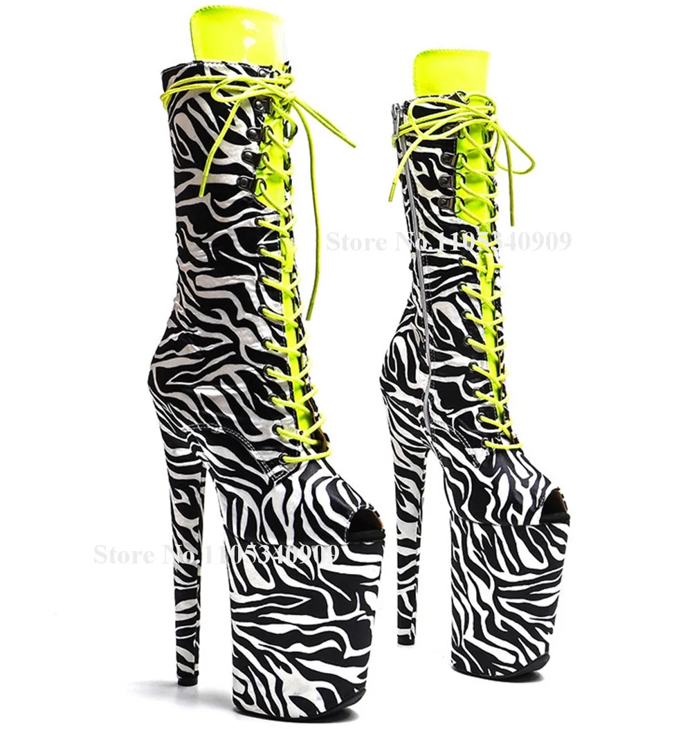 Bondarenko Zebra Pattern Leather Stiletto Heel Short Boots Peep Toe Lace-up High Platform 20cm Thin Heel Dance Shoes