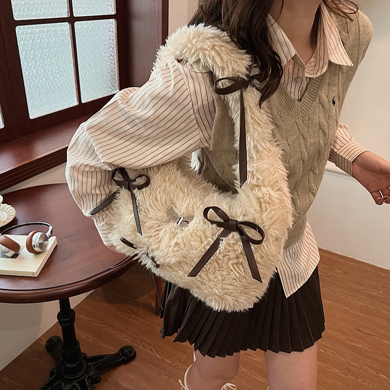 Faux Fur Fluffy Bowknot Hobo Shoulder Bag,Women Minimalist Slouchy Top Handle Handbag,Soft Plush Commute Tote Bag,Fall/Winter