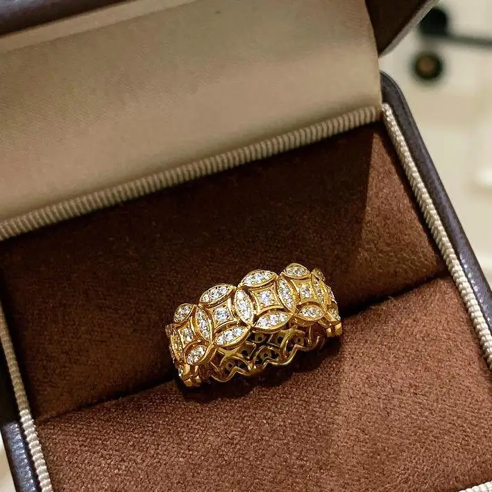 

Light luxury retro inlay full diamonds golden coin Female Ring new in round exquisite hollow out rings for women daily jewelry