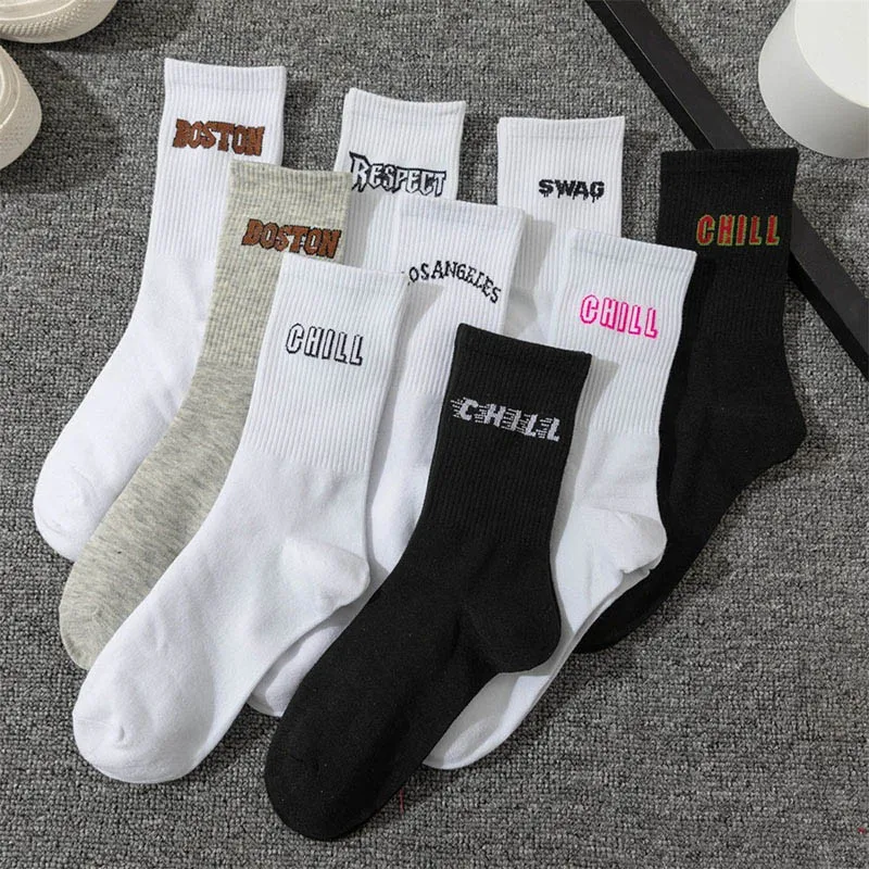 Women Cotton Socks New Letter Jacquard Fashion Trend Personalized Street Hip Hop Art Character Ladies Crew Socks I107