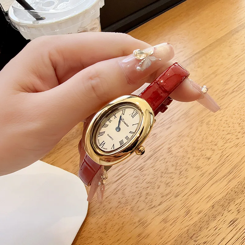 

New Women'S Leather Strap Watch, Oval Vintage Style, Quartz Movement, Exquisite Ladies' Wristwatch, High-Quality Women'S Watch.