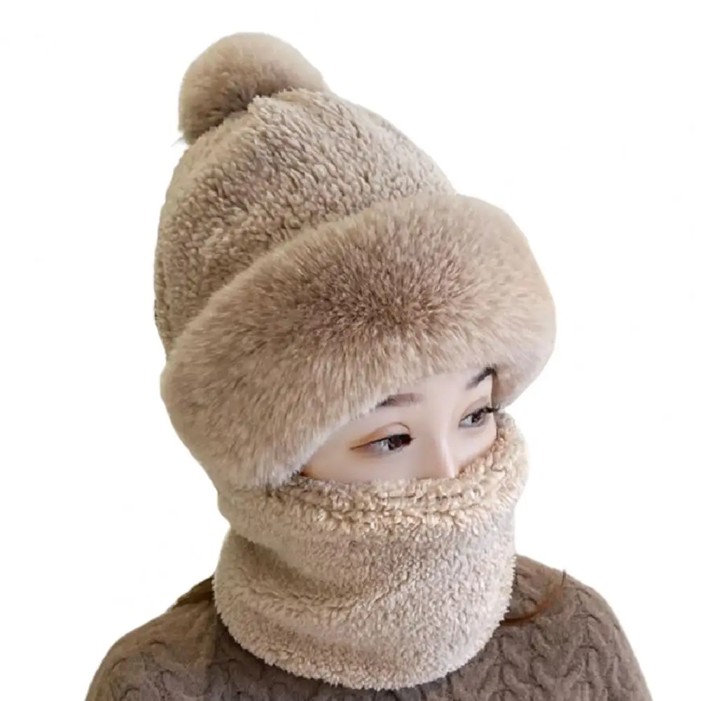 Women Plush Ball Decor Scarf Hat Solid Color Thickened Neck Warm Windproof Hat Thick Fluffy Beanie Winter Headgear