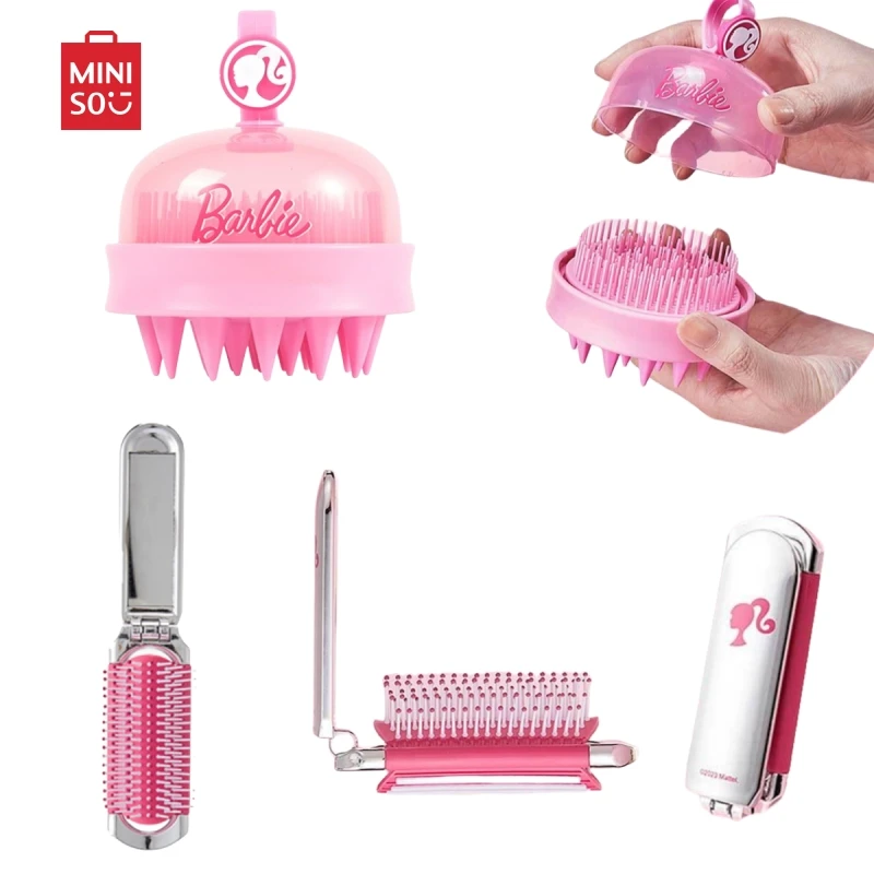 Miniso Barbie Folding Mirror Comb 2-In-1 Mini Portable Travel Hair Comb Anti Static Silicone Clean Relieve Itching Massage Combs