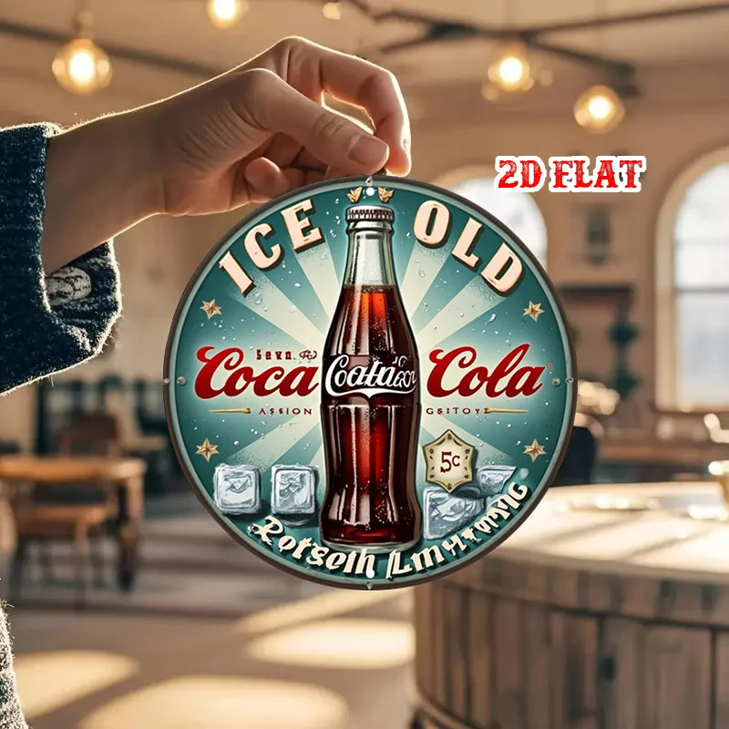 مسطح ثنائي الأبعاد، قطعة واحدة من زجاجة الصودا العتيقة لتزيين الحائط المعدني القديم - علامة إعلان المشروبات الكلاسيكية، ألوان ريترو باللون الأحمر والأزرق المخضر، جراج العشاء #6