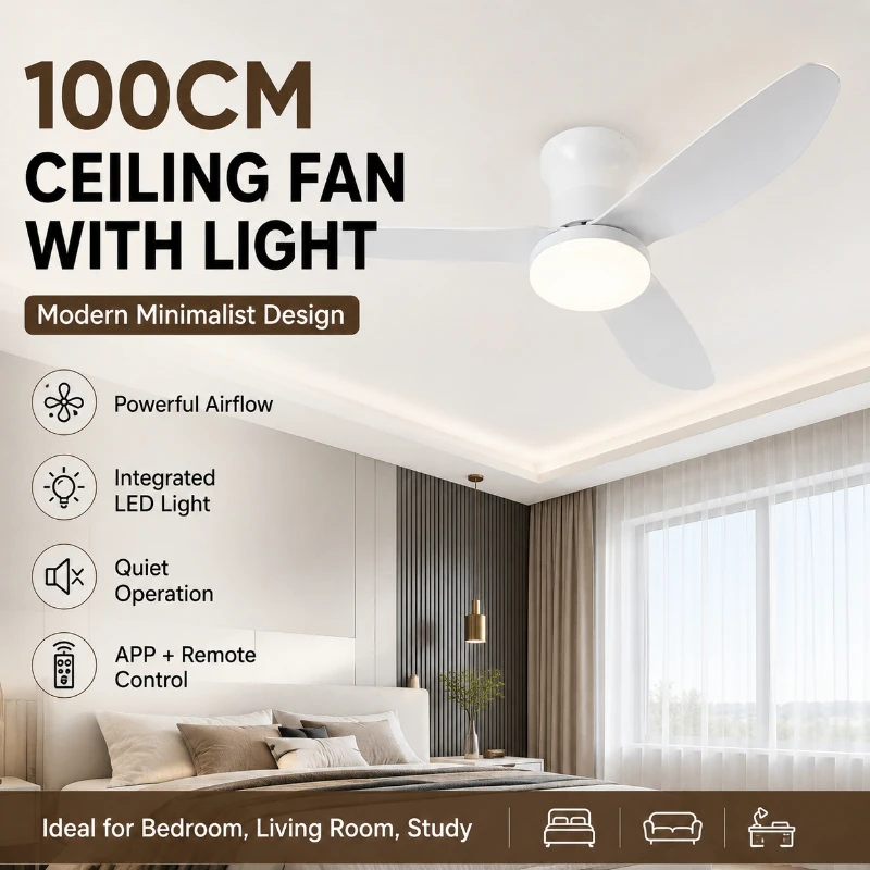 100cm Ceiling Fan with LED Light Remote APP Control Reversible 6 Speed Dimmable Modern Low Profile Ceiling  Fan Light