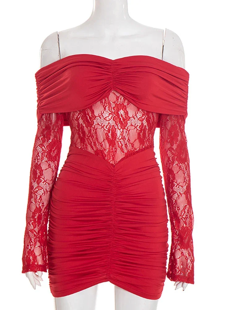 Robe moulante sexy en dentelle patchwork sans bretelles pour femmes, chic, unie, épaules dénudées, transparente, plissée, courte, robes de soirée pour femmes 2026