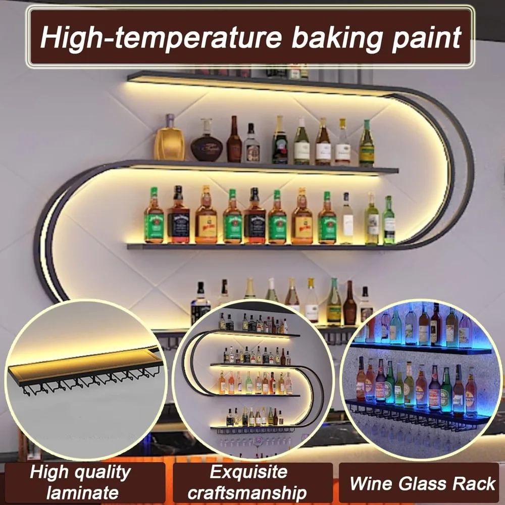 رف نبيذ متعدد الطبقات مثبت على الحائط نصف دائري مع خطافات زجاجية للمطبخ والبار