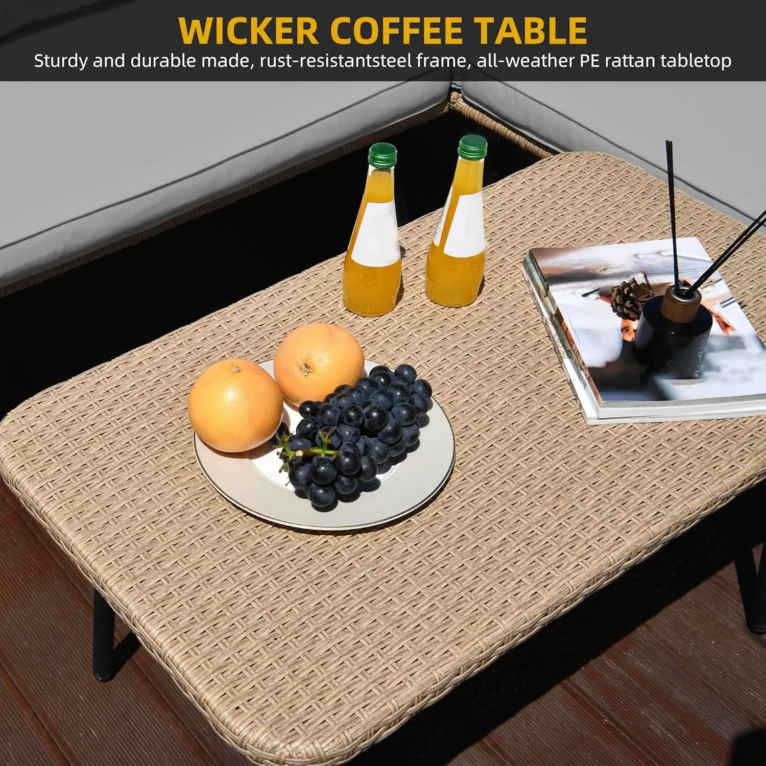 طقم أريكة مقطعية خارجية مكون من 4 قطع، أثاث فناء من الخيزران على شكل حرف L مناسب لجميع الأحوال الجوية مع وسائد قابلة للإزالة وطاولة جانبية #5