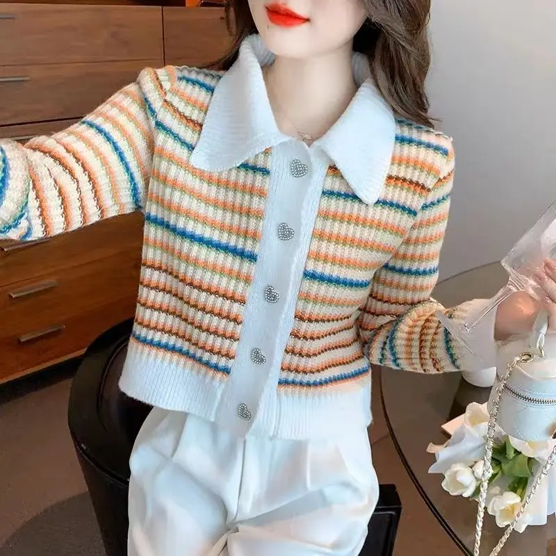 

Striped Knitted Sweater Woman Polo Wear To Work Hot Casual Lightweight 2025 Trending Fashion Korean Cropped Cardigan for Women