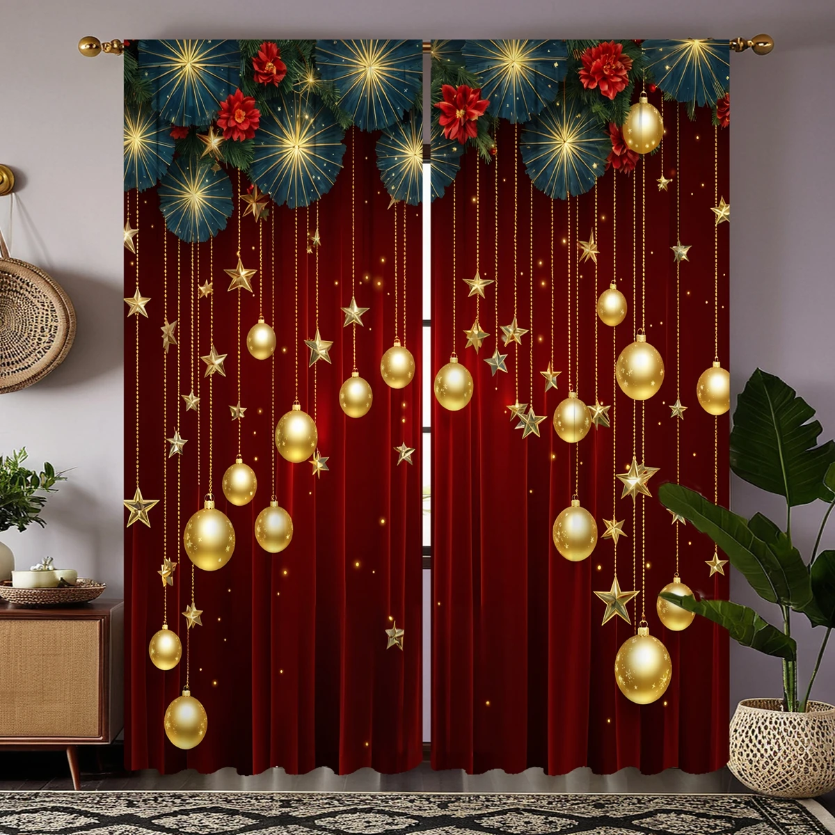 2-piece HD digital red tie Christmas Street View Pine Snow curtain Home decoration style decoration living room bedroom through