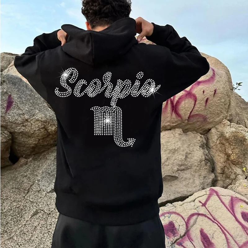 Personality Mens Loose Sweatshirt Hoodies Black Scorpio Rhinestone pocket Hoody Male Casual Tirp Jacket Unisex Pullover Clothing